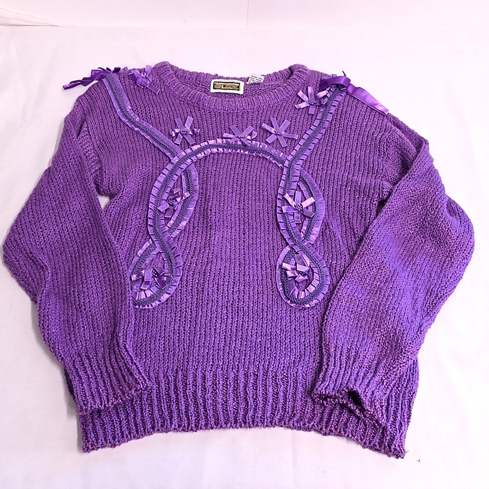 Vintage Anytime Glitz Sweater Womens S Purple Ribbon Bow Embellished Coquette